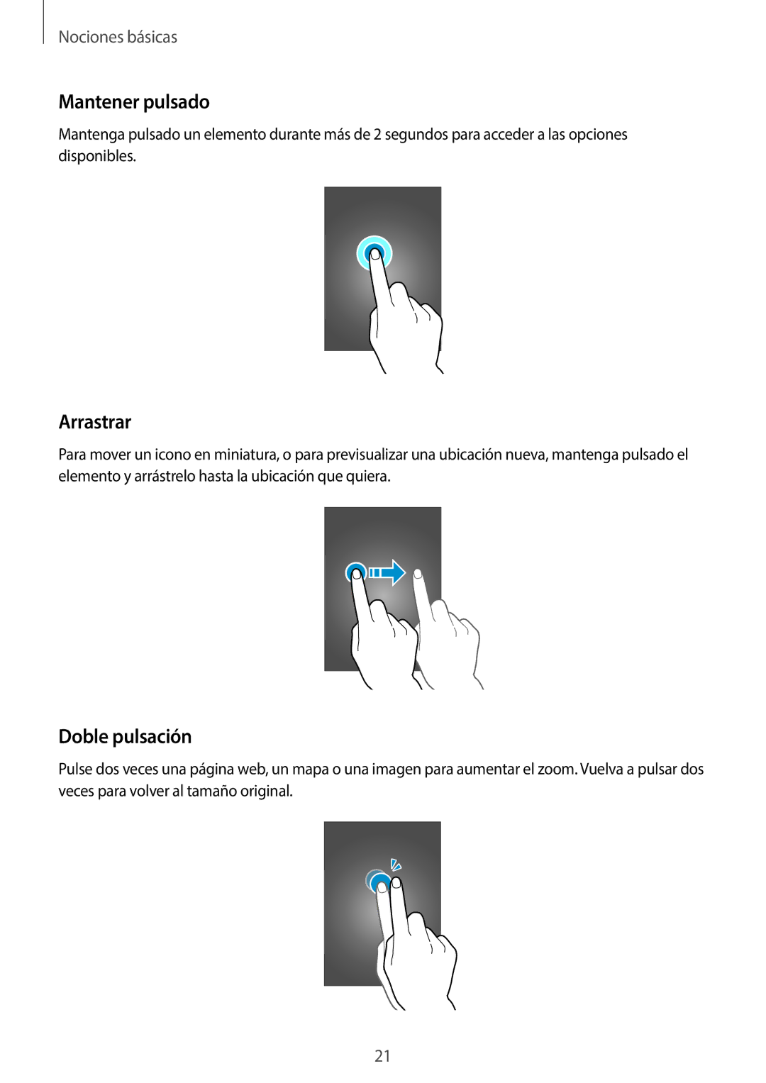 Samsung SM-T360NNGATPH, SM-T360NNGAPHE manual Mantener pulsado, Arrastrar, Doble pulsación 