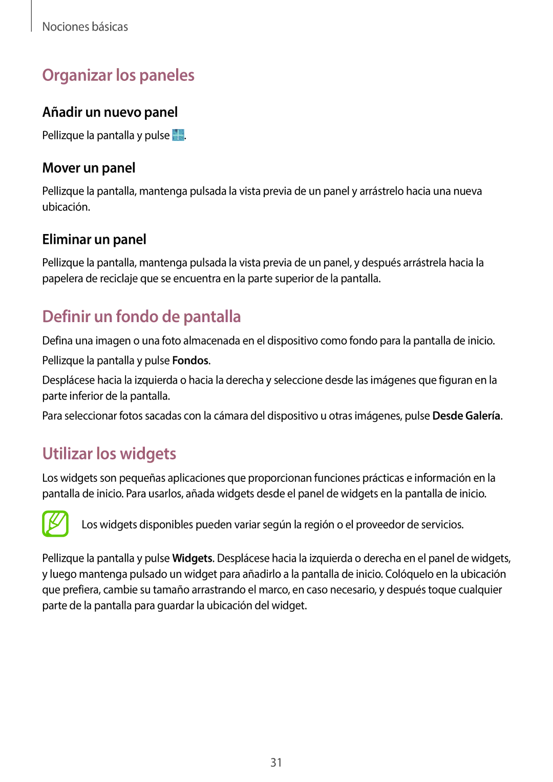 Samsung SM-T360NNGATPH, SM-T360NNGAPHE manual Organizar los paneles, Definir un fondo de pantalla, Utilizar los widgets 
