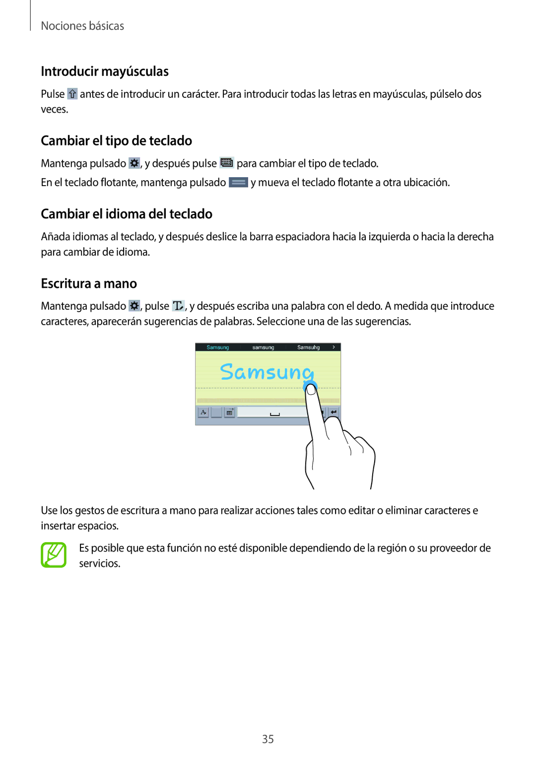 Samsung SM-T360NNGATPH Introducir mayúsculas, Cambiar el tipo de teclado, Cambiar el idioma del teclado, Escritura a mano 