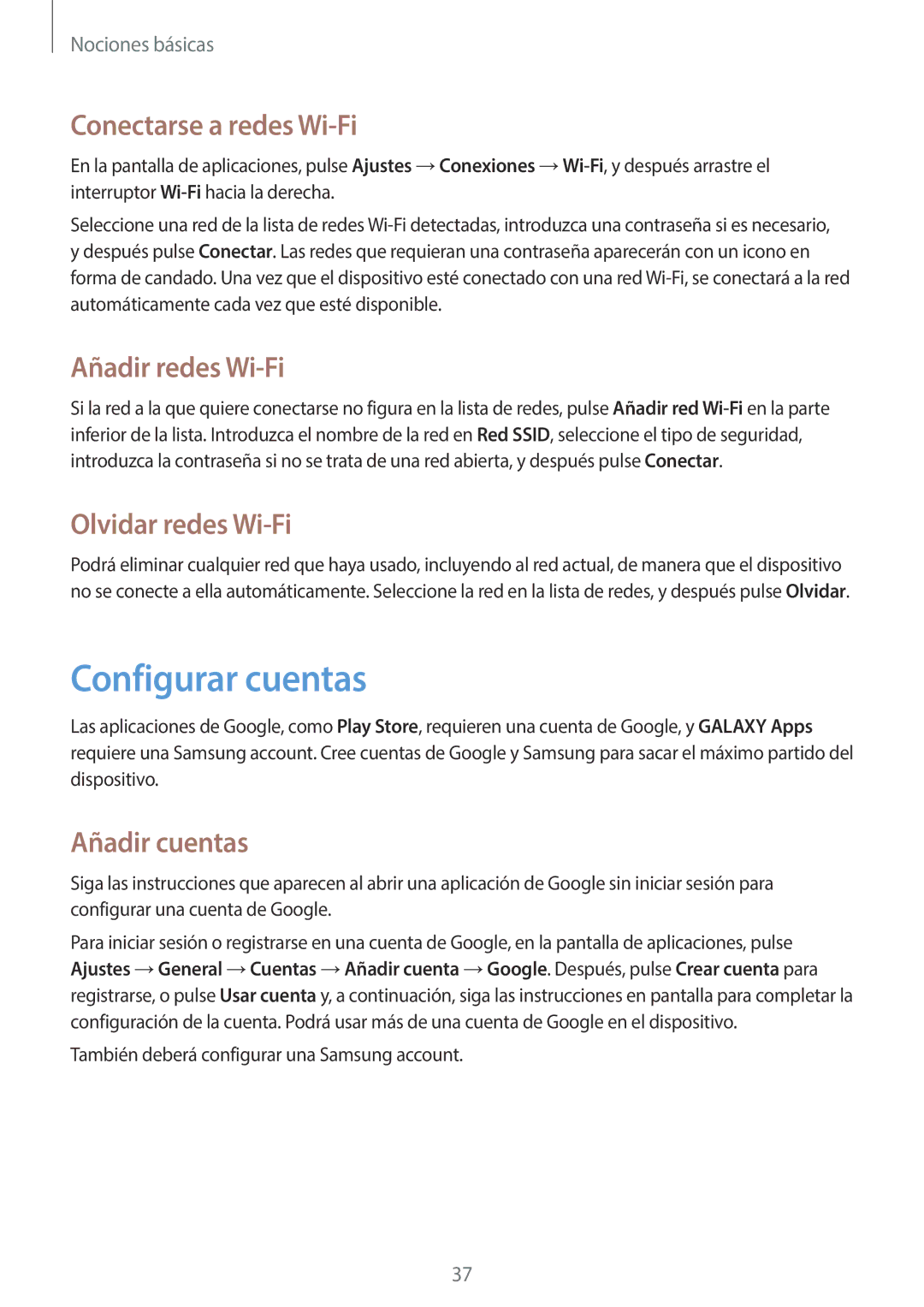 Samsung SM-T360NNGATPH manual Configurar cuentas, Conectarse a redes Wi-Fi, Añadir redes Wi-Fi, Olvidar redes Wi-Fi 