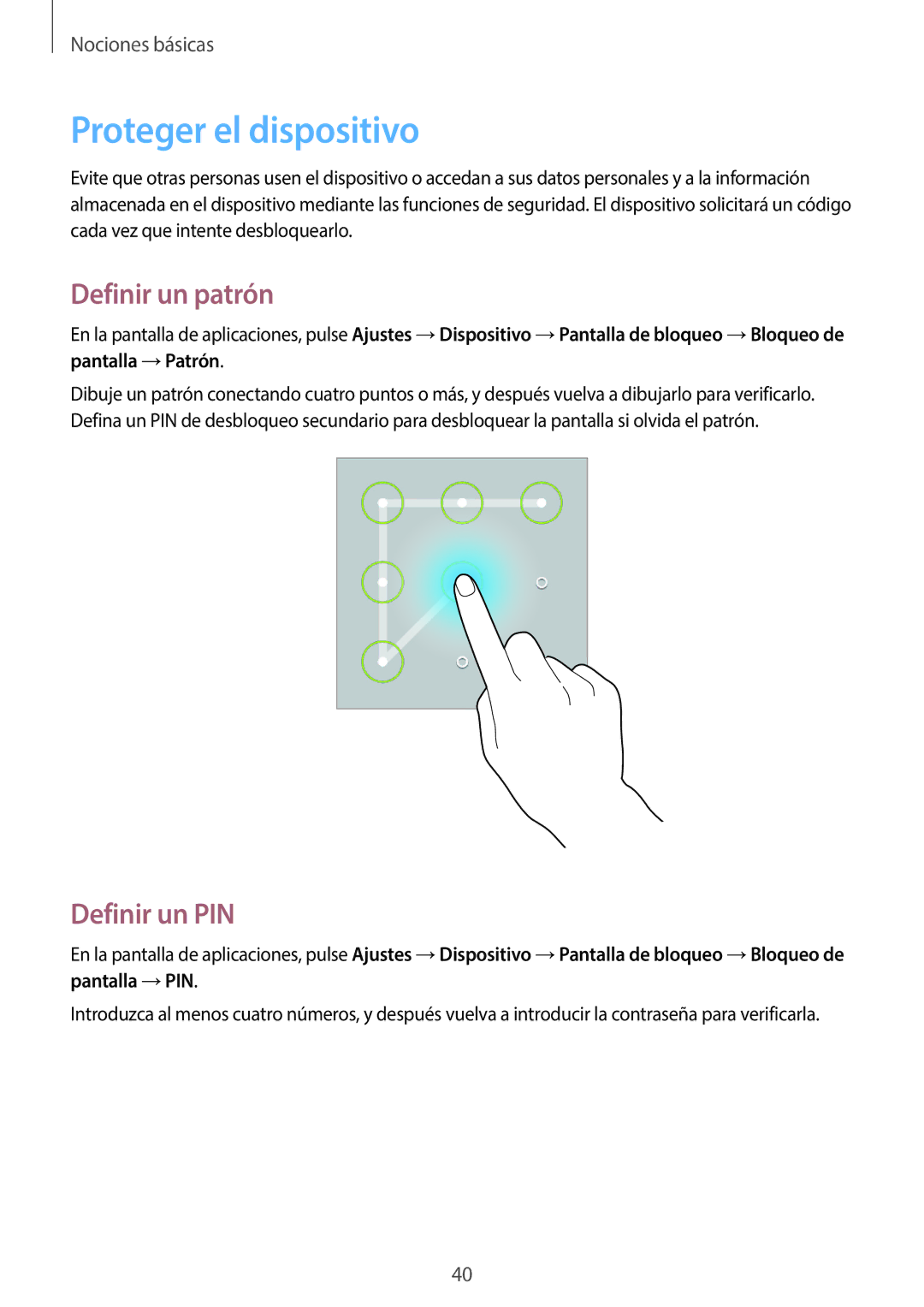 Samsung SM-T360NNGAPHE, SM-T360NNGATPH manual Proteger el dispositivo, Definir un patrón, Definir un PIN 