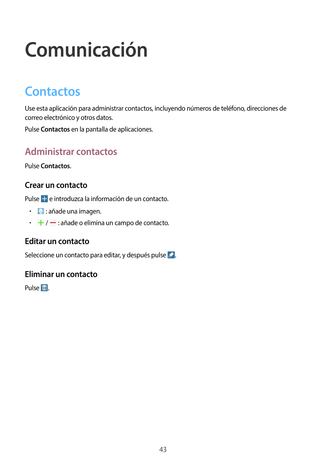 Samsung SM-T360NNGATPH, SM-T360NNGAPHE manual Comunicación, Contactos, Administrar contactos 