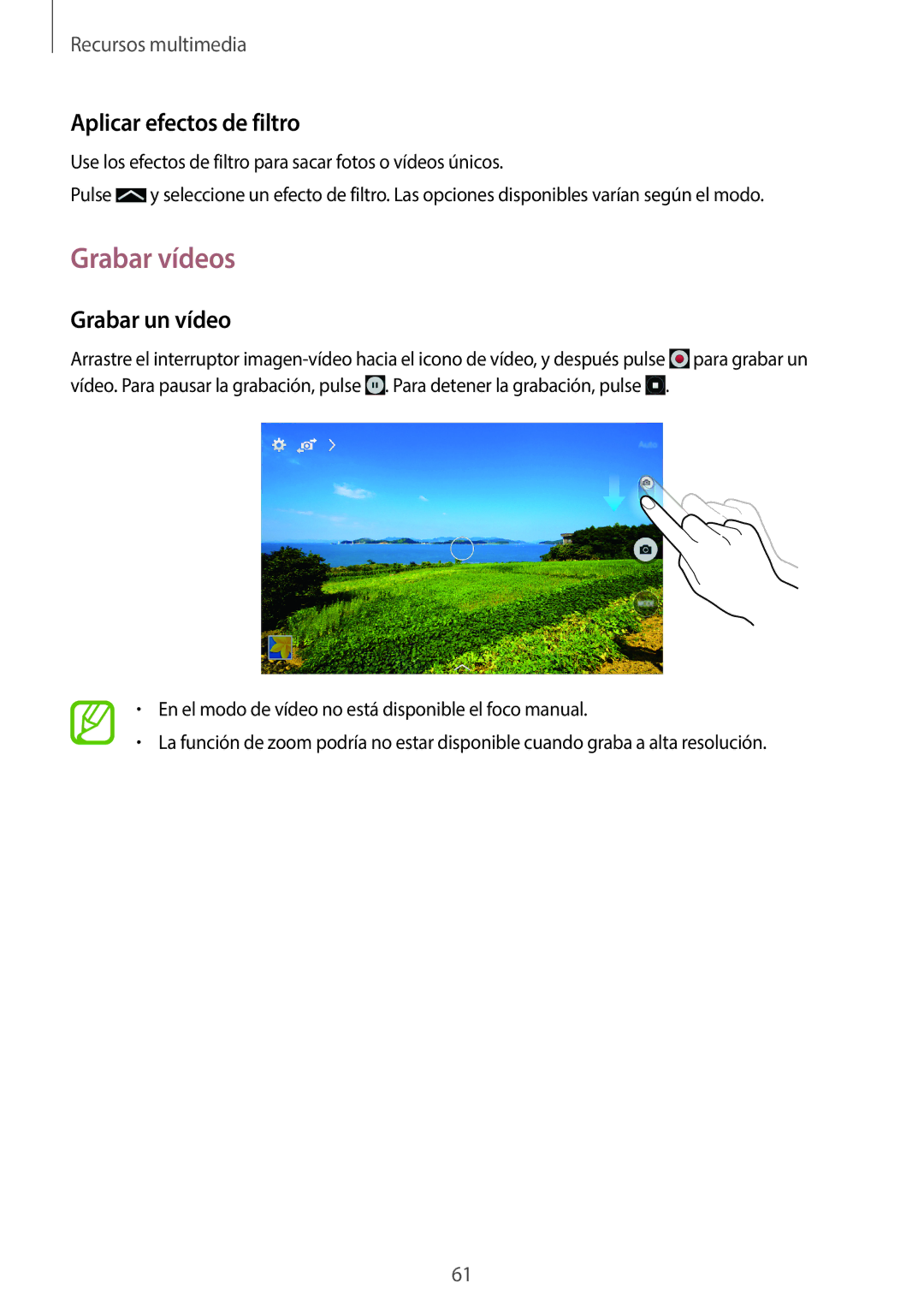 Samsung SM-T360NNGATPH, SM-T360NNGAPHE manual Grabar vídeos, Aplicar efectos de filtro, Grabar un vídeo 