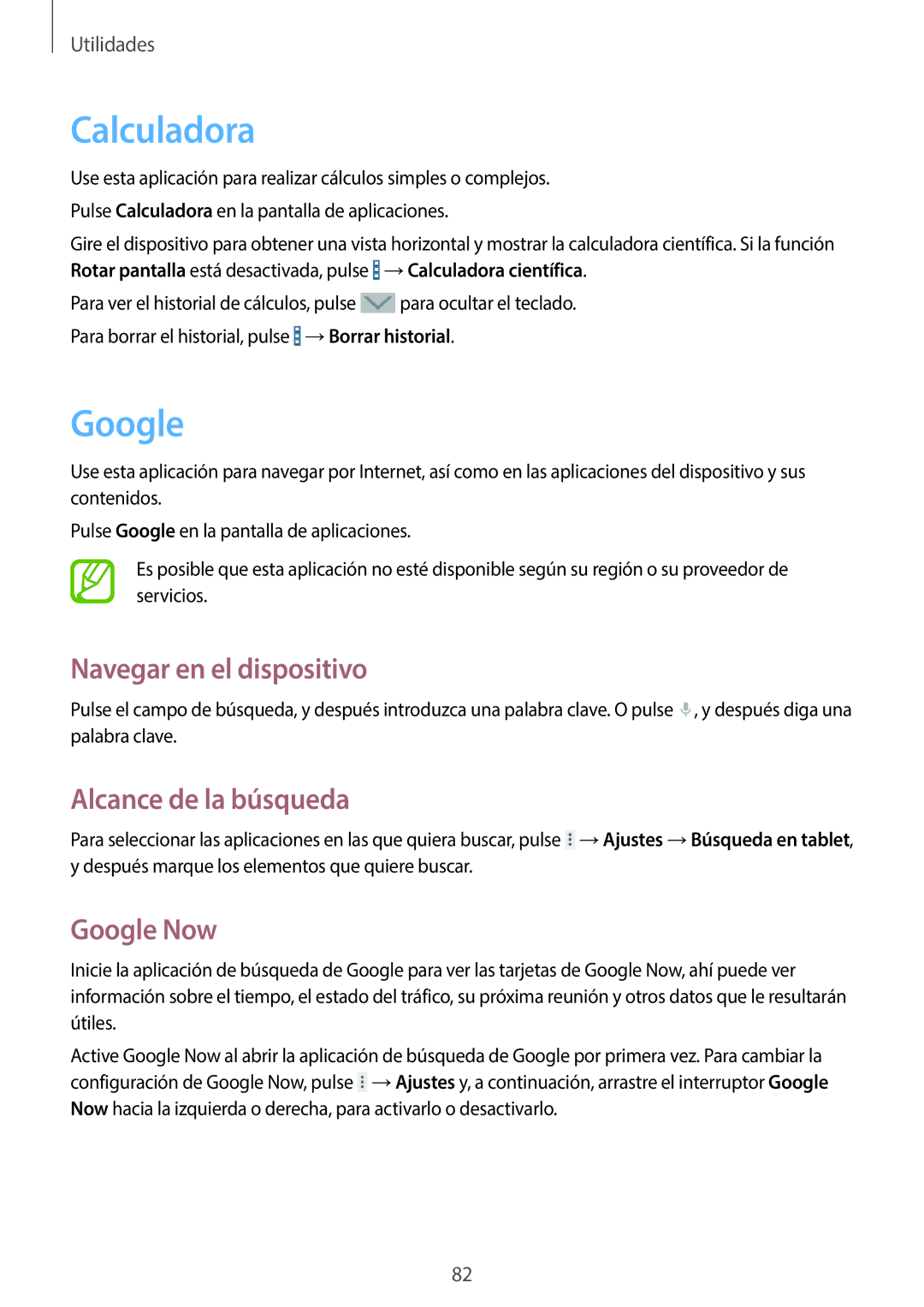 Samsung SM-T360NNGAPHE, SM-T360NNGATPH manual Calculadora, Navegar en el dispositivo, Alcance de la búsqueda, Google Now 