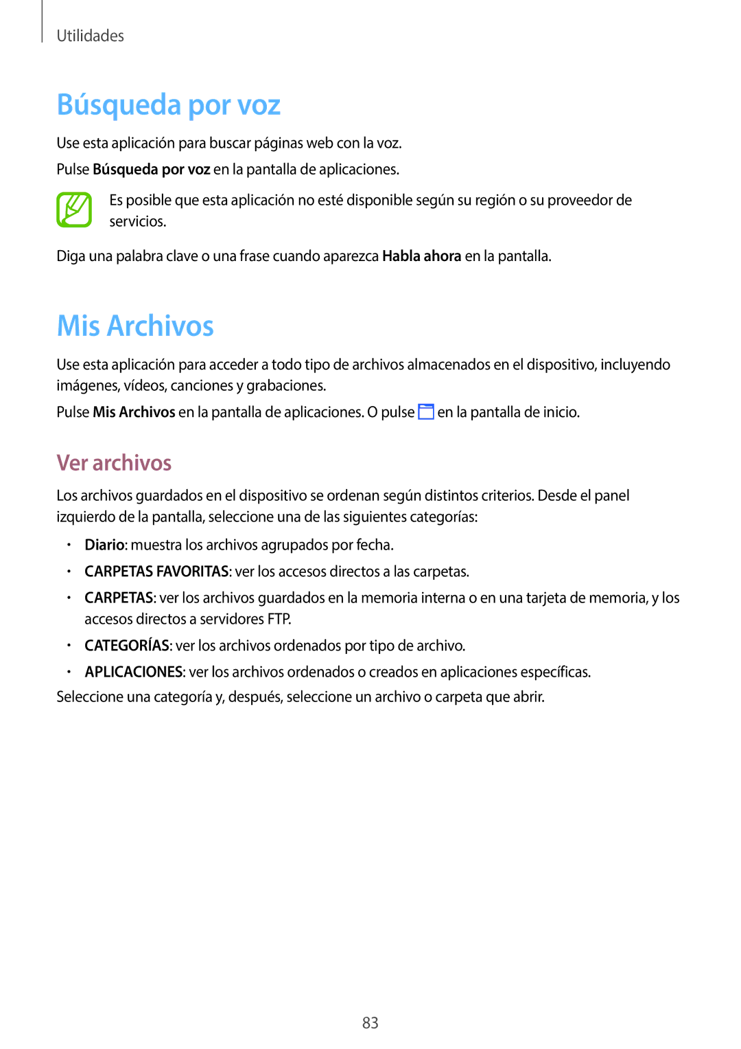 Samsung SM-T360NNGATPH, SM-T360NNGAPHE manual Búsqueda por voz, Mis Archivos, Ver archivos 