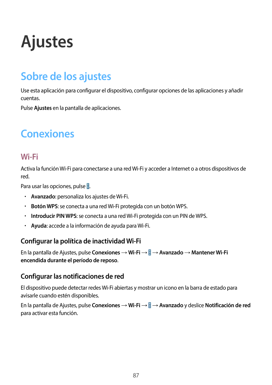 Samsung SM-T360NNGATPH, SM-T360NNGAPHE manual Ajustes, Sobre de los ajustes, Conexiones, Wi-Fi 