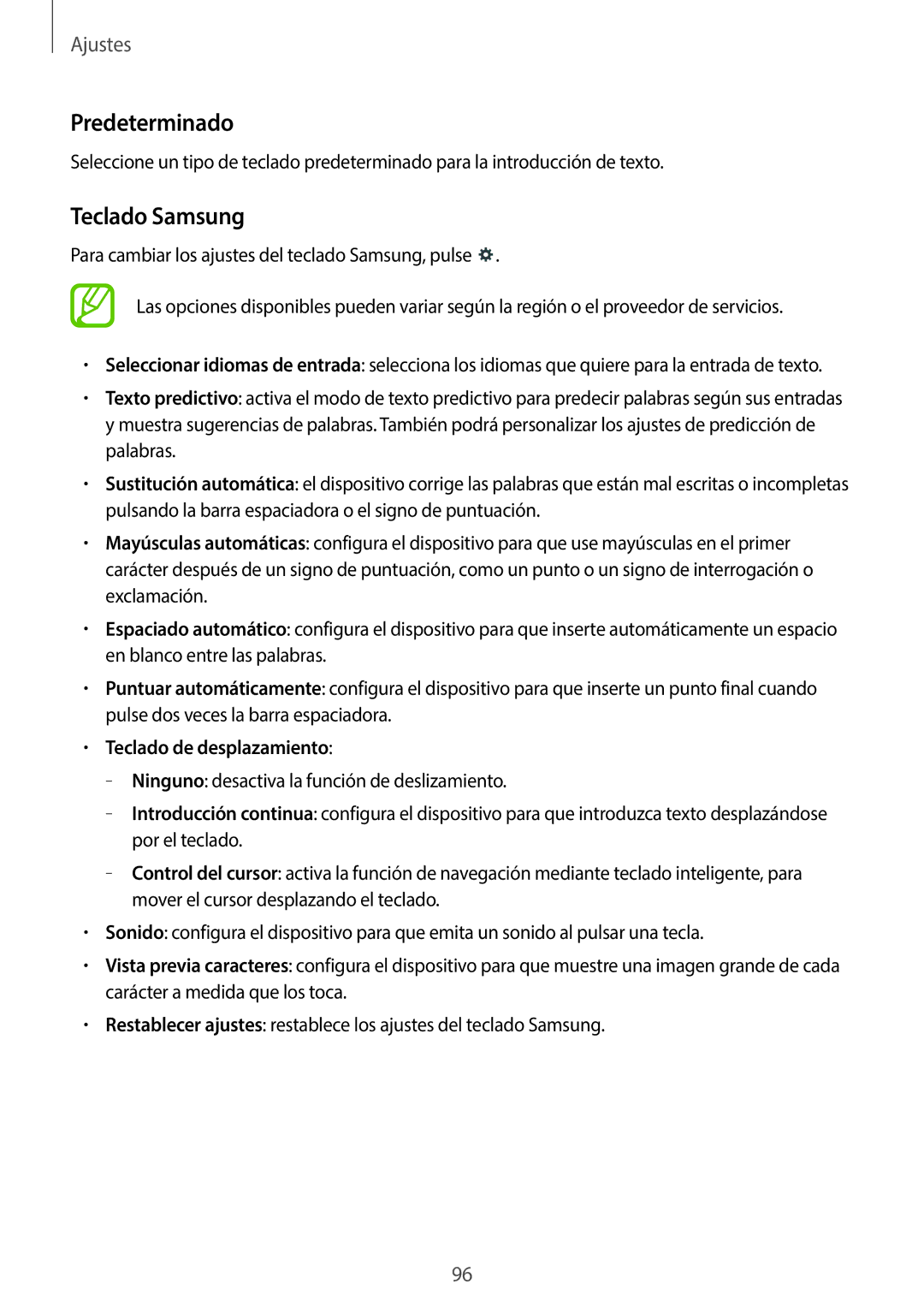 Samsung SM-T360NNGAPHE, SM-T360NNGATPH manual Predeterminado, Teclado Samsung, Teclado de desplazamiento 