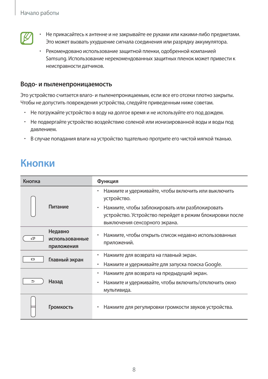 Samsung SM-T360NNGASEB, SM-T360NNGASER manual Кнопки, Водо- и пыленепроницаемость 