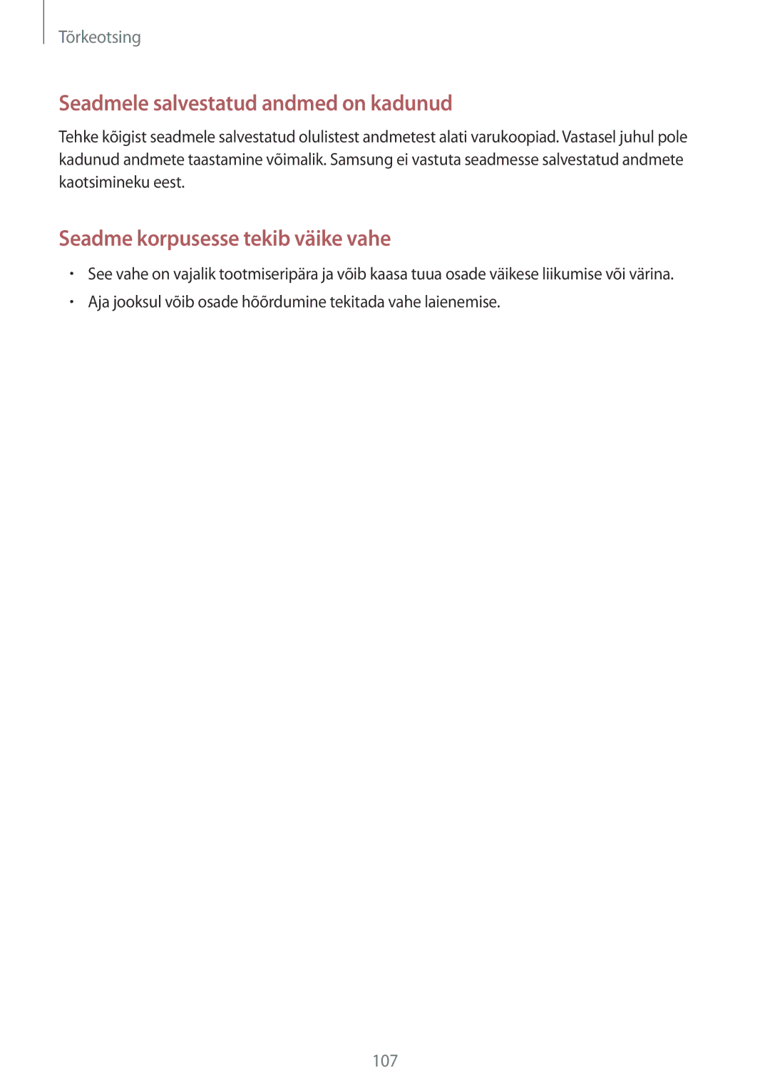 Samsung SM-T360NNGASEB manual Seadmele salvestatud andmed on kadunud 