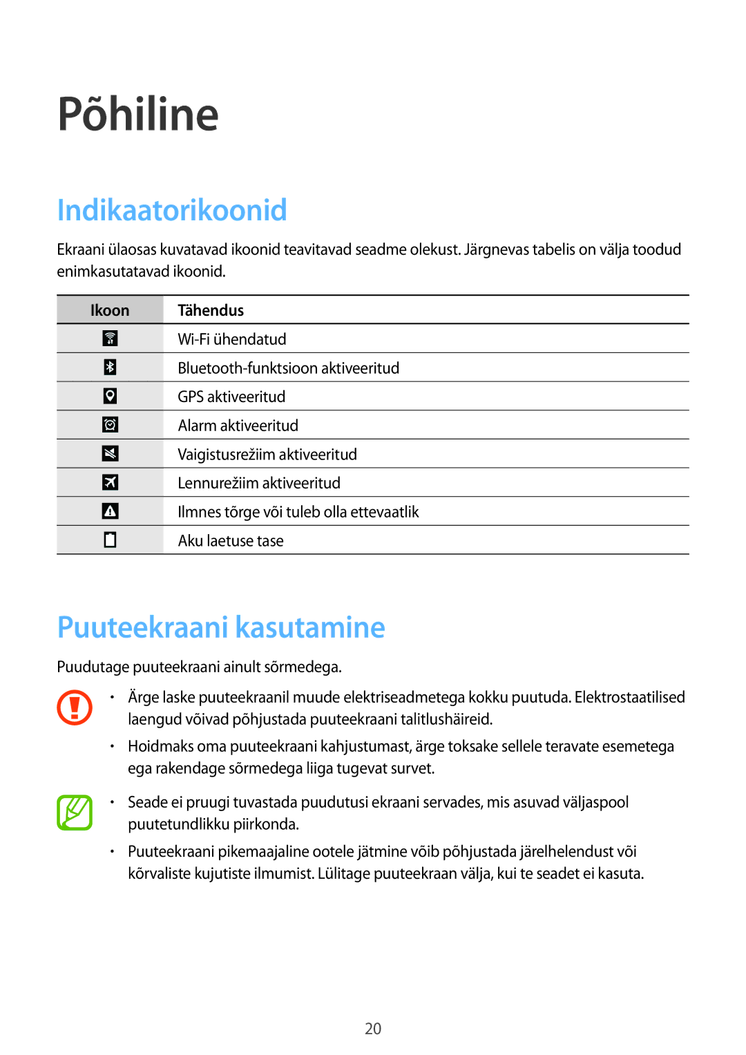 Samsung SM-T360NNGASEB manual Põhiline, Indikaatorikoonid, Puuteekraani kasutamine 