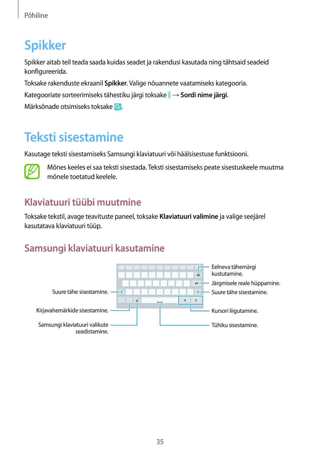 Samsung SM-T360NNGASEB manual Spikker, Teksti sisestamine, Klaviatuuri tüübi muutmine, Samsungi klaviatuuri kasutamine 