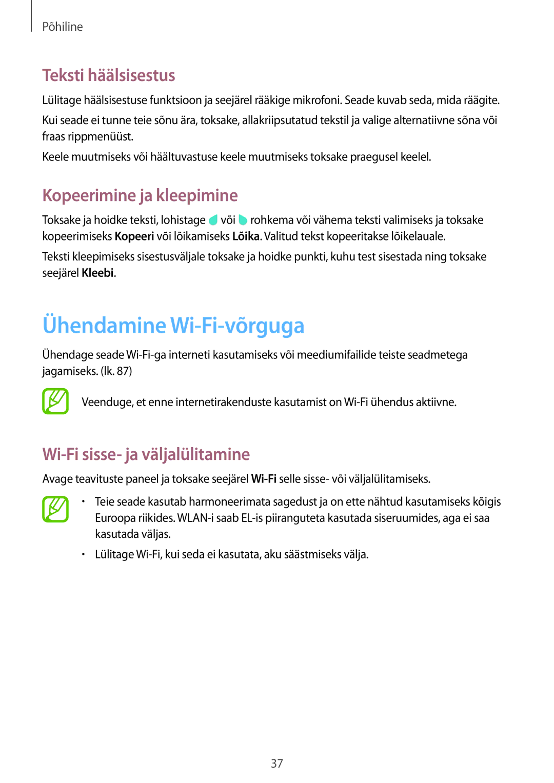 Samsung SM-T360NNGASEB manual Ühendamine Wi-Fi-võrguga, Teksti häälsisestus, Kopeerimine ja kleepimine 