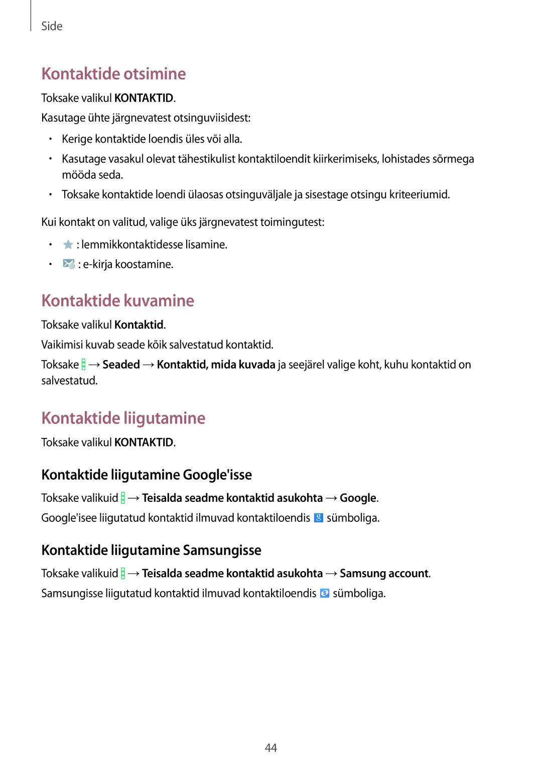 Samsung SM-T360NNGASEB manual Kontaktide otsimine, Kontaktide kuvamine, Kontaktide liigutamine Googleisse 