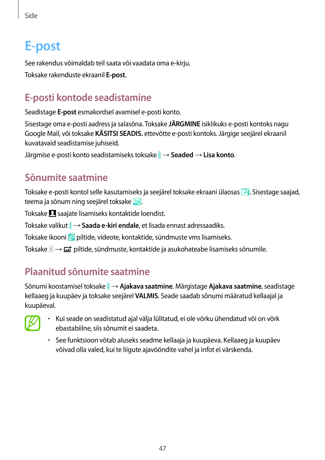 Samsung SM-T360NNGASEB manual Posti kontode seadistamine, Sõnumite saatmine, Plaanitud sõnumite saatmine 