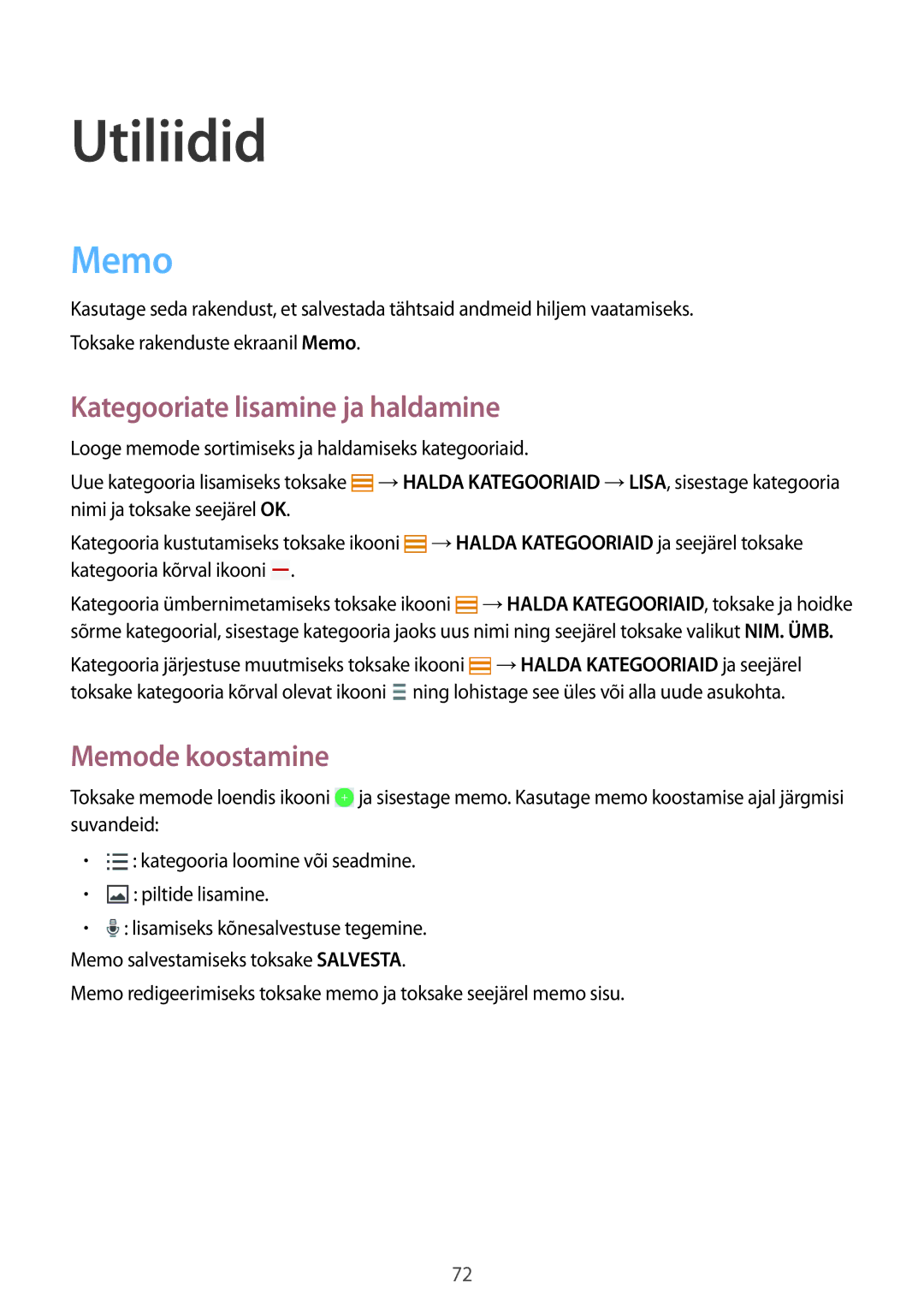 Samsung SM-T360NNGASEB manual Utiliidid, Kategooriate lisamine ja haldamine, Memode koostamine 