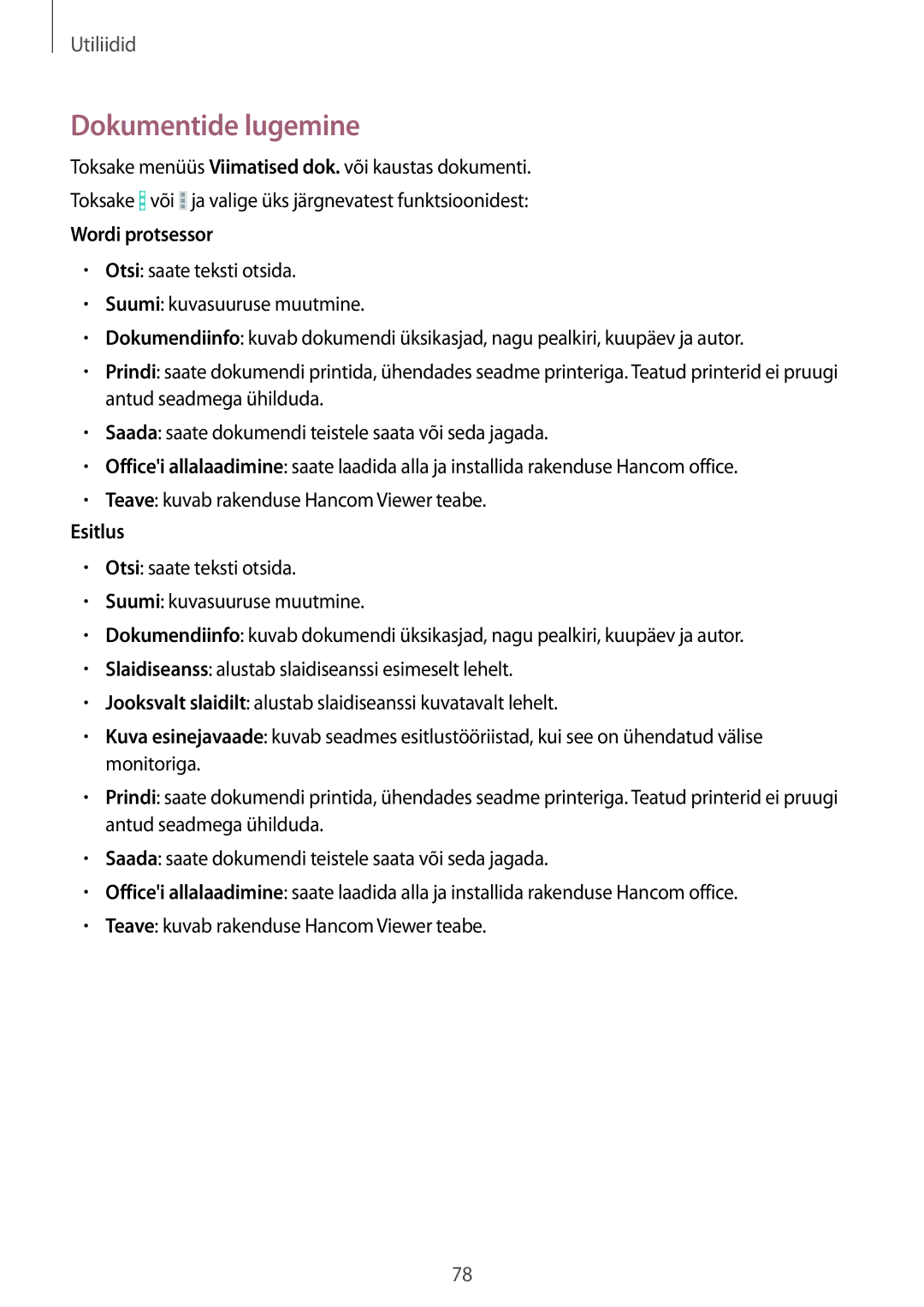 Samsung SM-T360NNGASEB manual Dokumentide lugemine, Wordi protsessor 