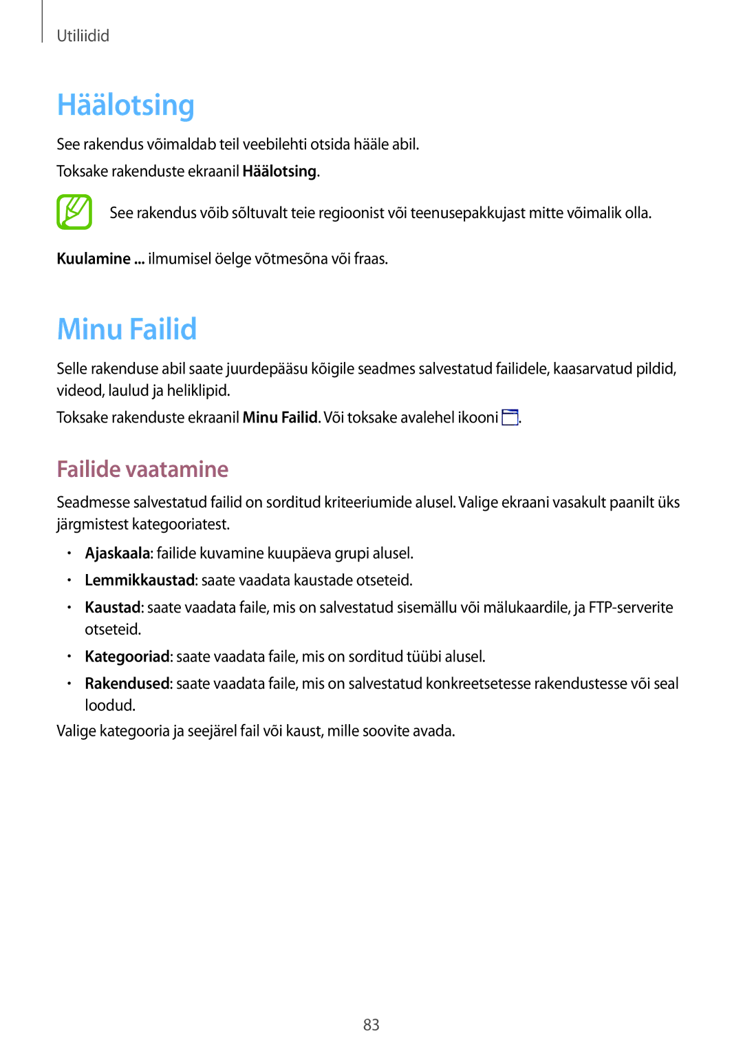 Samsung SM-T360NNGASEB manual Häälotsing, Minu Failid, Failide vaatamine 