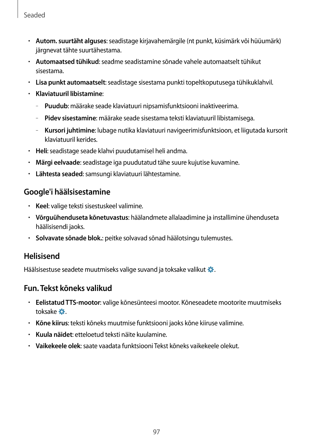 Samsung SM-T360NNGASEB manual Googlei häälsisestamine, Helisisend, Fun. Tekst kõneks valikud 