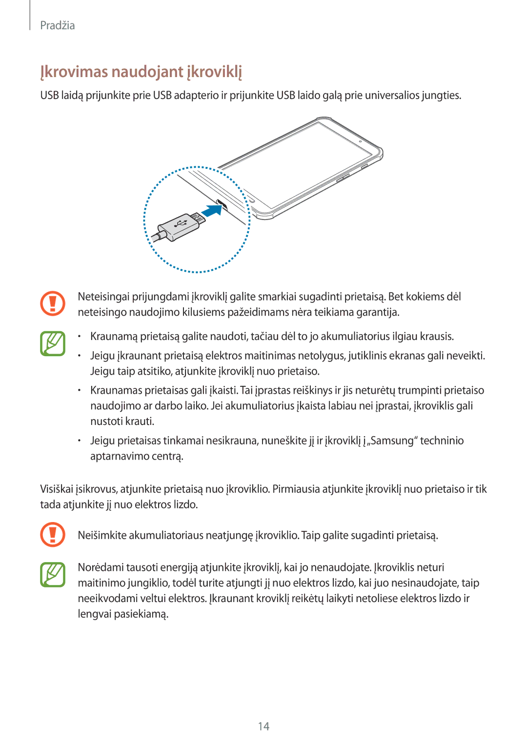 Samsung SM-T360NNGASEB manual Įkrovimas naudojant įkroviklį 