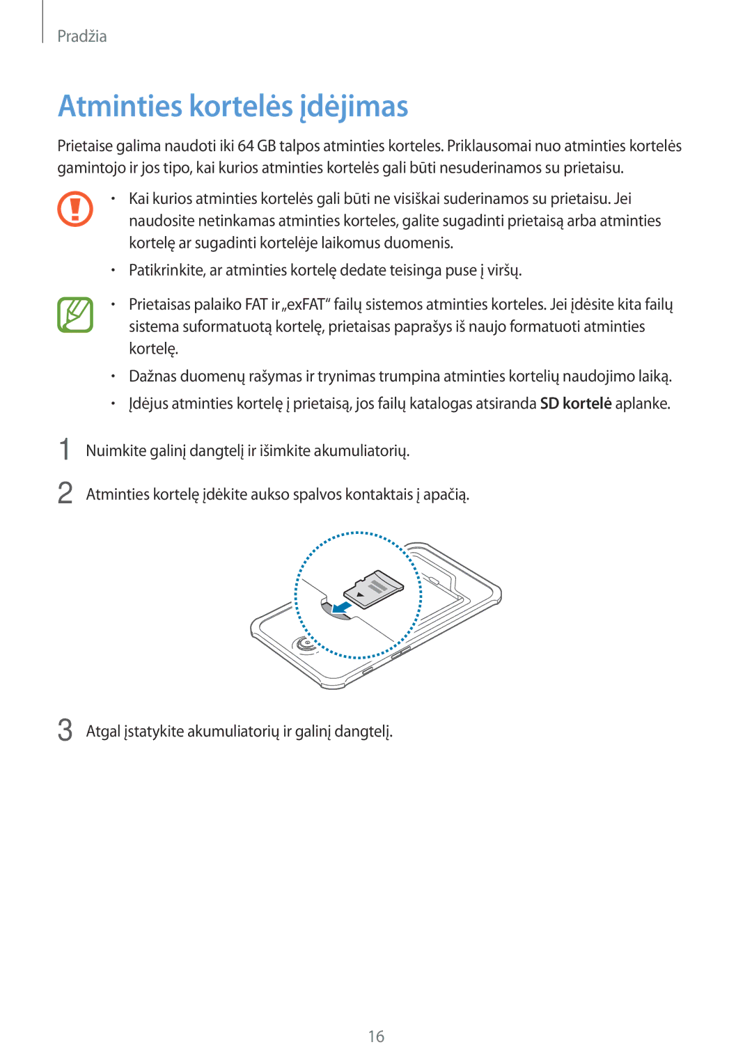 Samsung SM-T360NNGASEB manual Atminties kortelės įdėjimas 