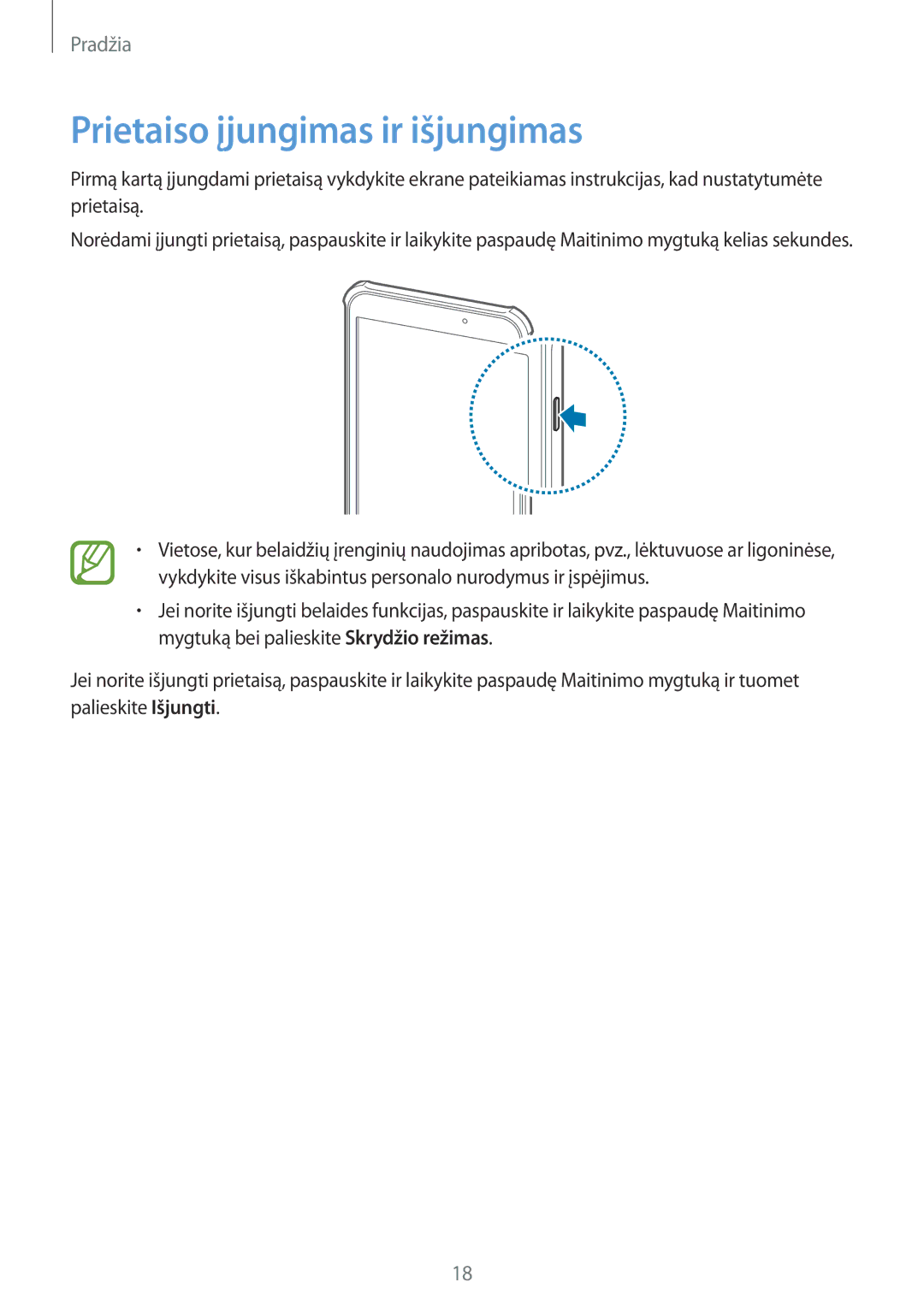 Samsung SM-T360NNGASEB manual Prietaiso įjungimas ir išjungimas 