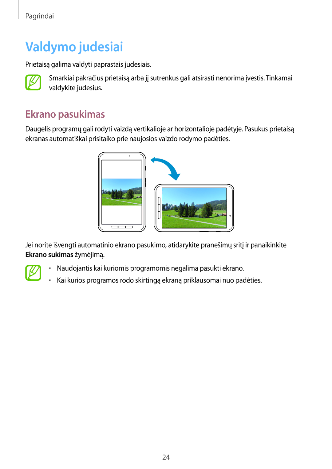 Samsung SM-T360NNGASEB manual Valdymo judesiai, Ekrano pasukimas 