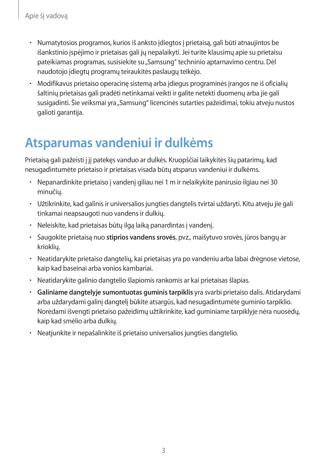 Samsung SM-T360NNGASEB manual Atsparumas vandeniui ir dulkėms, Apie šį vadovą 