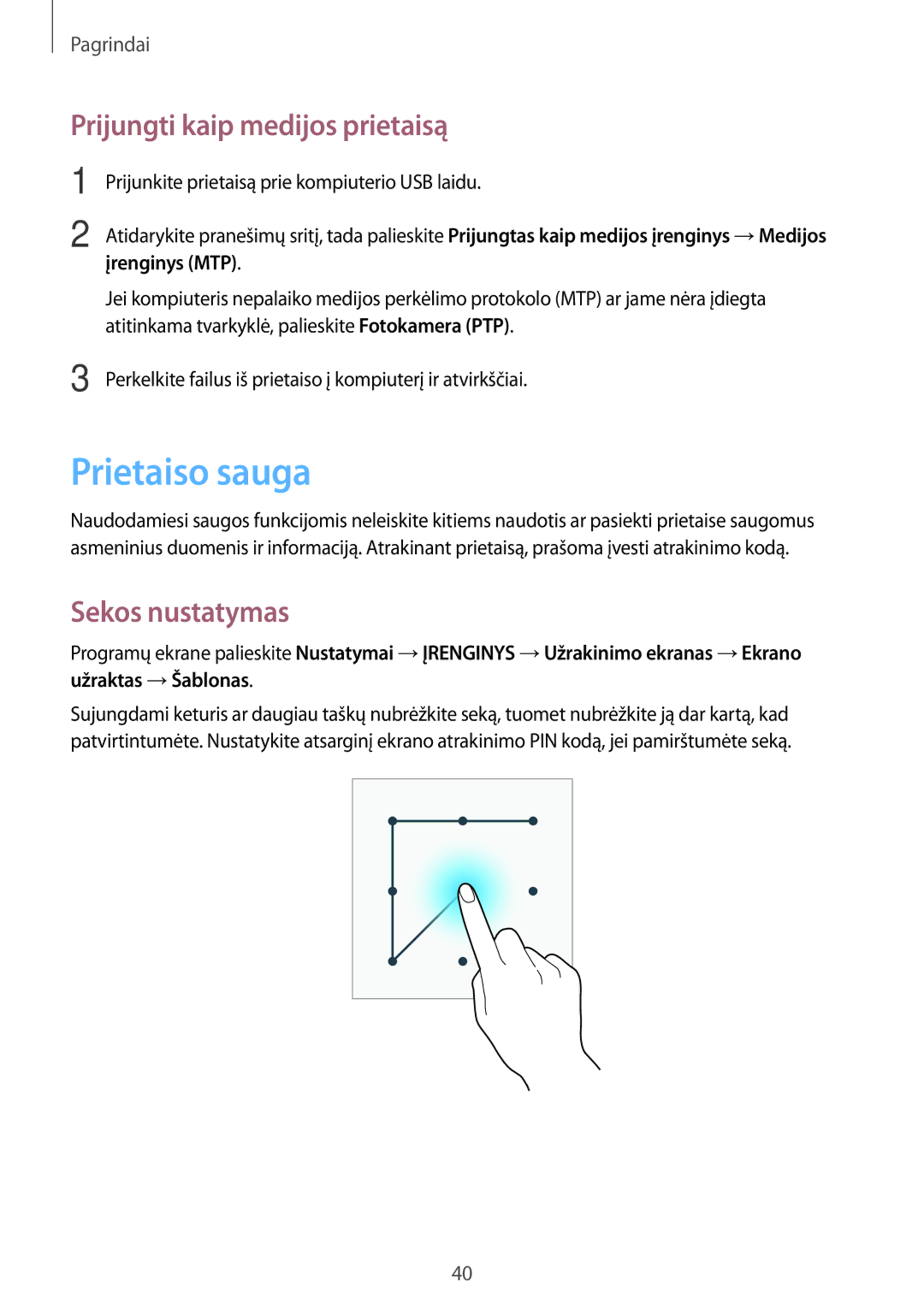 Samsung SM-T360NNGASEB manual Prietaiso sauga, Prijungti kaip medijos prietaisą, Sekos nustatymas 