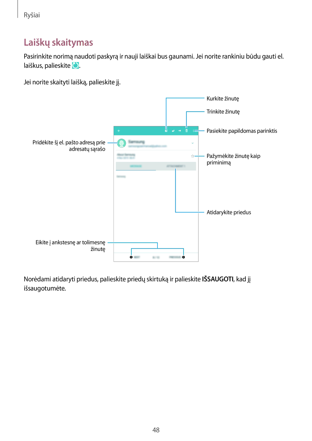 Samsung SM-T360NNGASEB manual Laiškų skaitymas 