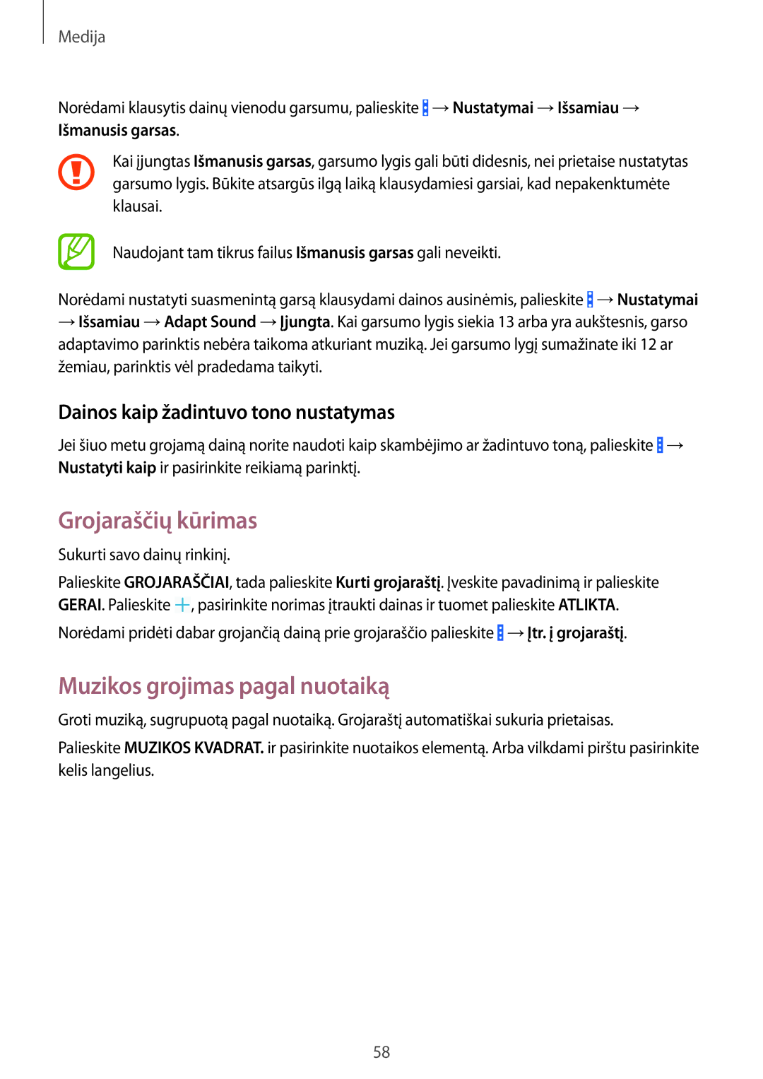 Samsung SM-T360NNGASEB manual Grojaraščių kūrimas, Muzikos grojimas pagal nuotaiką, Dainos kaip žadintuvo tono nustatymas 