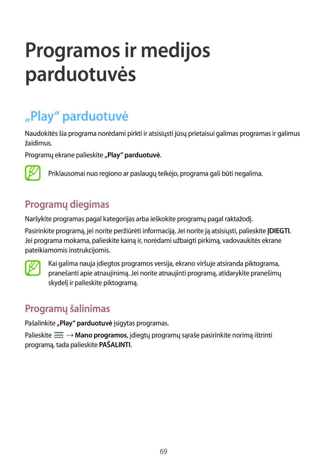 Samsung SM-T360NNGASEB manual Programos ir medijos parduotuvės, „Play parduotuvė 