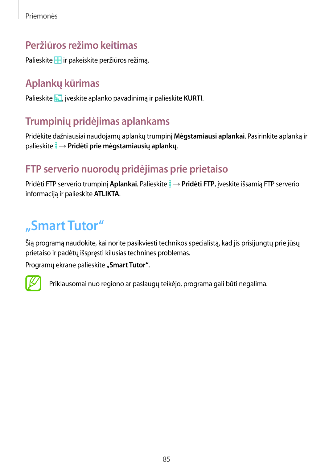 Samsung SM-T360NNGASEB manual „Smart Tutor, Peržiūros režimo keitimas, Aplankų kūrimas, Trumpinių pridėjimas aplankams 