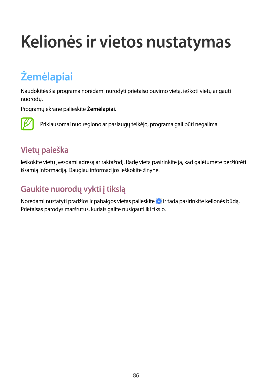 Samsung SM-T360NNGASEB manual Žemėlapiai, Vietų paieška, Gaukite nuorodų vykti į tikslą 