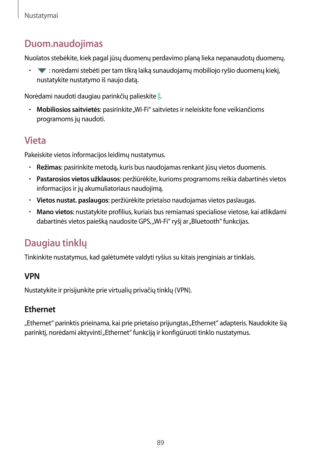 Samsung SM-T360NNGASEB manual Duom.naudojimas, Vieta, Daugiau tinklų, Ethernet 