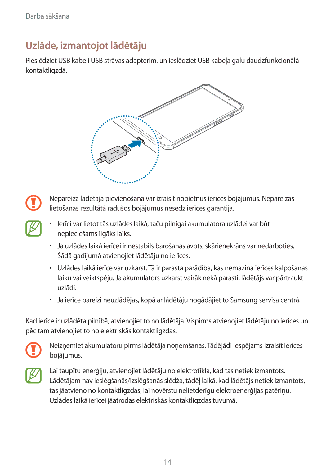 Samsung SM-T360NNGASEB manual Uzlāde, izmantojot lādētāju 