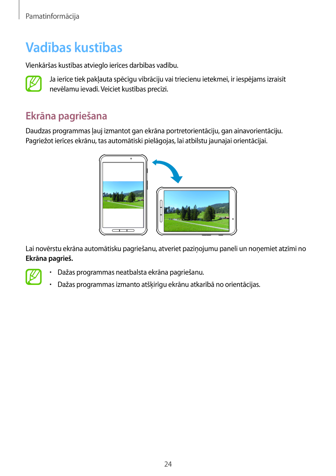 Samsung SM-T360NNGASEB manual Vadības kustības, Ekrāna pagriešana 