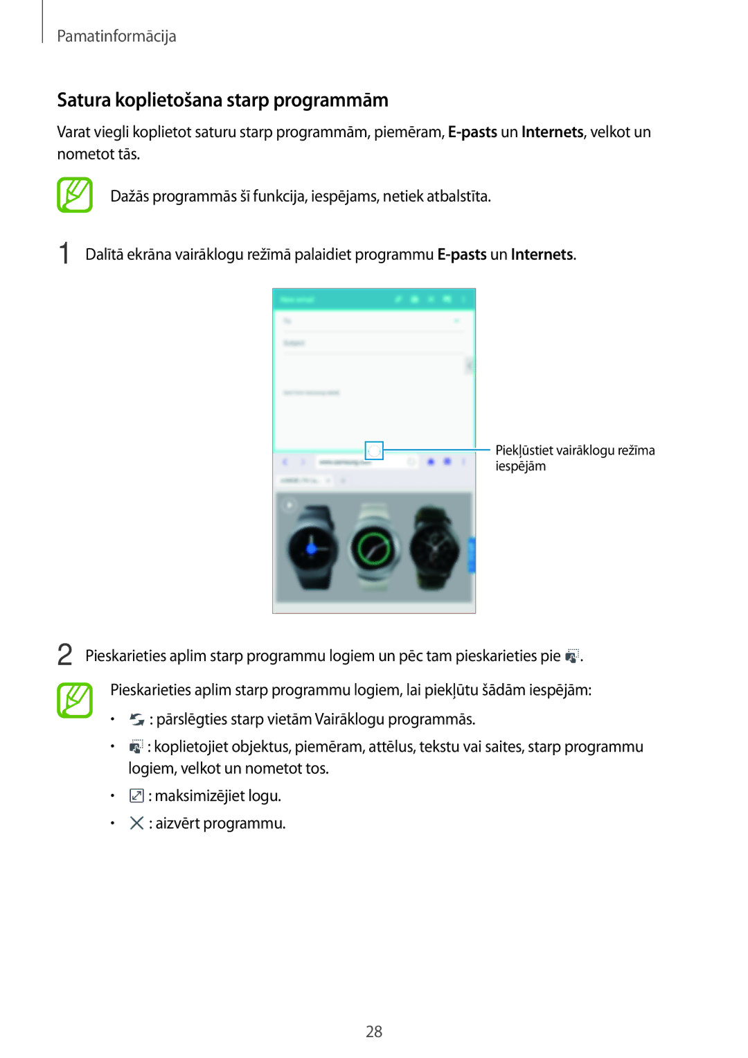 Samsung SM-T360NNGASEB manual Satura koplietošana starp programmām 