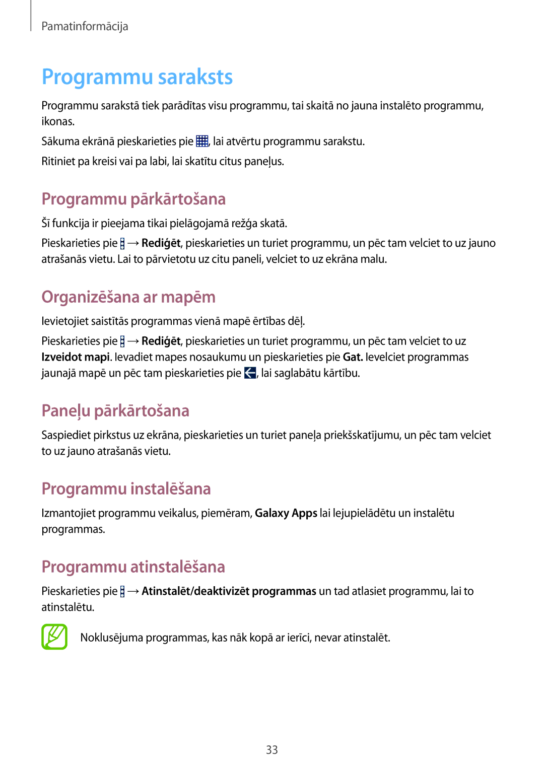 Samsung SM-T360NNGASEB manual Programmu saraksts, Programmu pārkārtošana, Organizēšana ar mapēm, Programmu instalēšana 