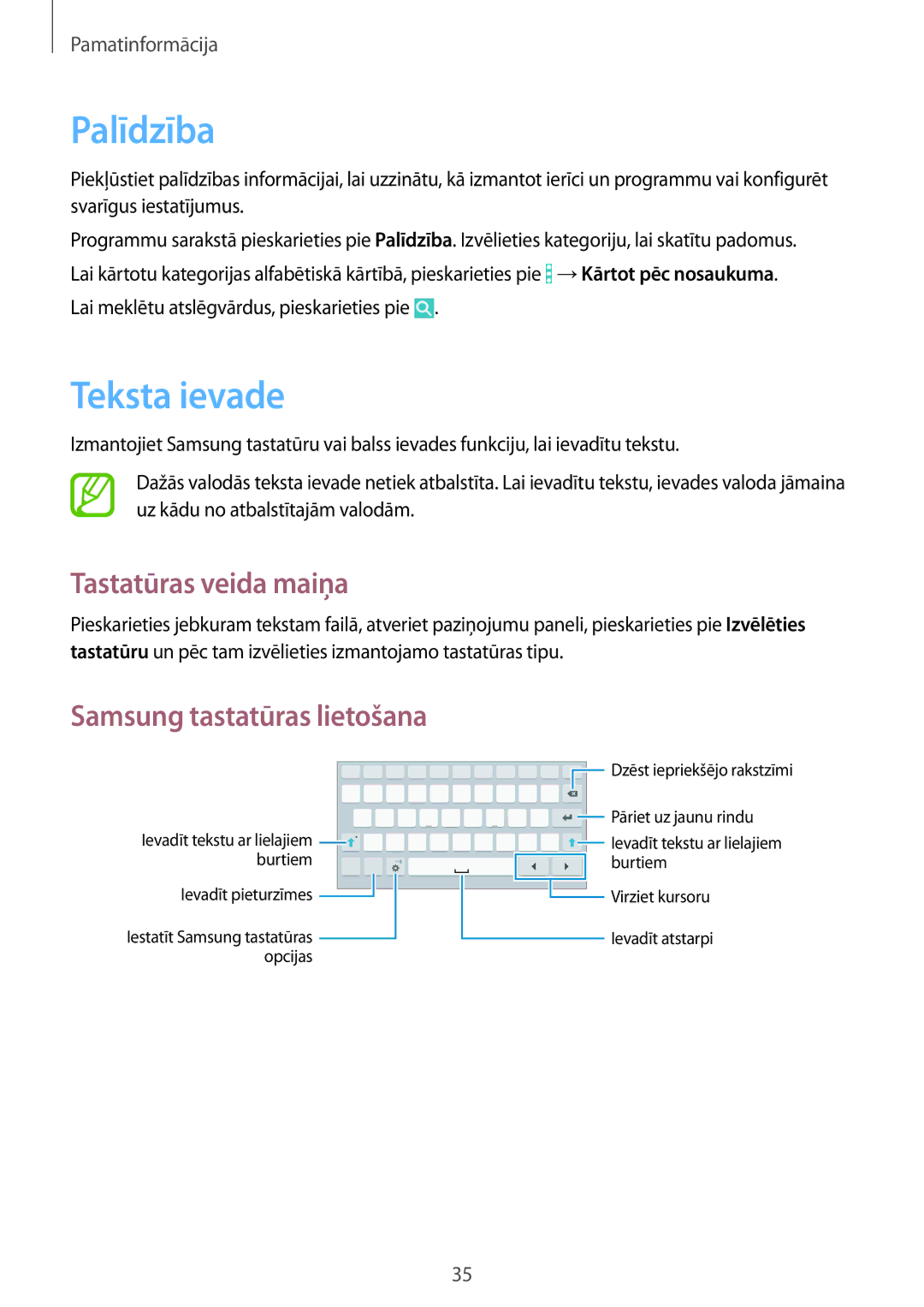 Samsung SM-T360NNGASEB manual Palīdzība, Teksta ievade, Tastatūras veida maiņa 