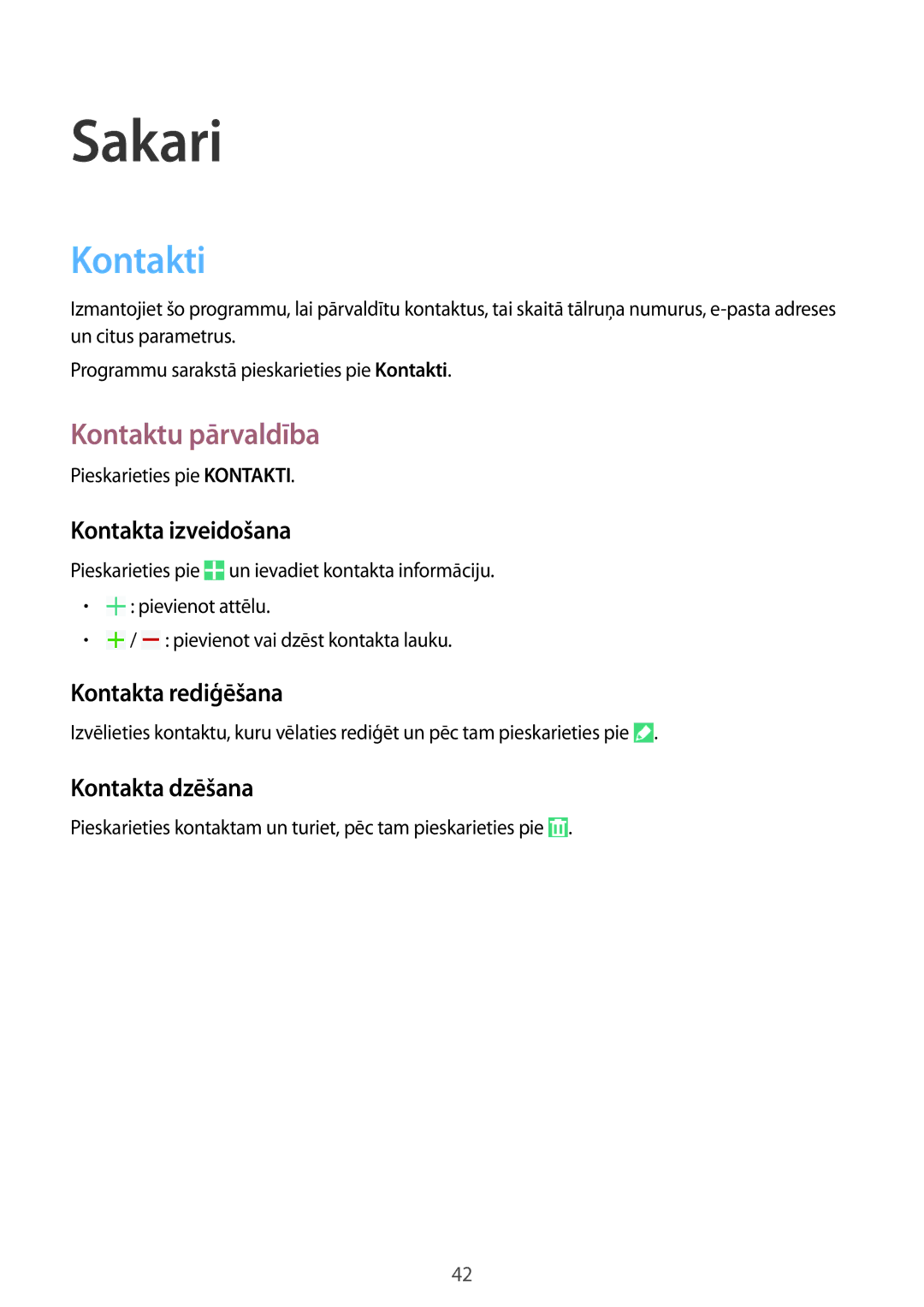 Samsung SM-T360NNGASEB manual Sakari, Kontakti, Kontaktu pārvaldība 