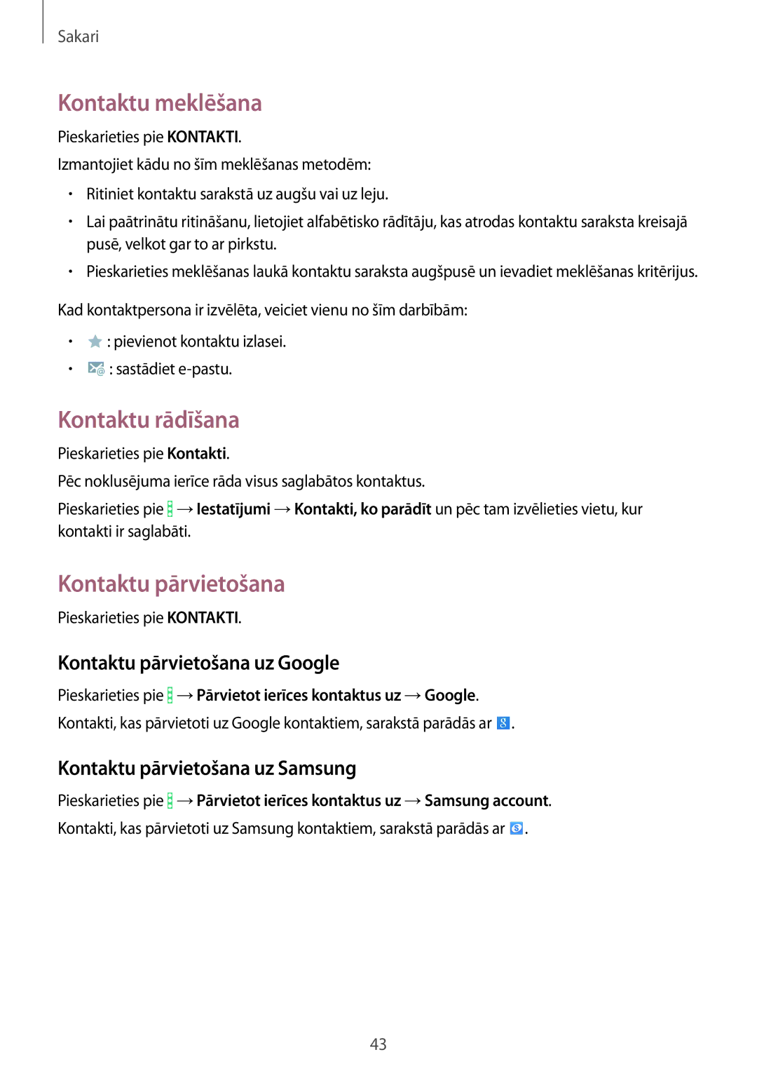 Samsung SM-T360NNGASEB manual Kontaktu meklēšana, Kontaktu rādīšana, Kontaktu pārvietošana uz Google 