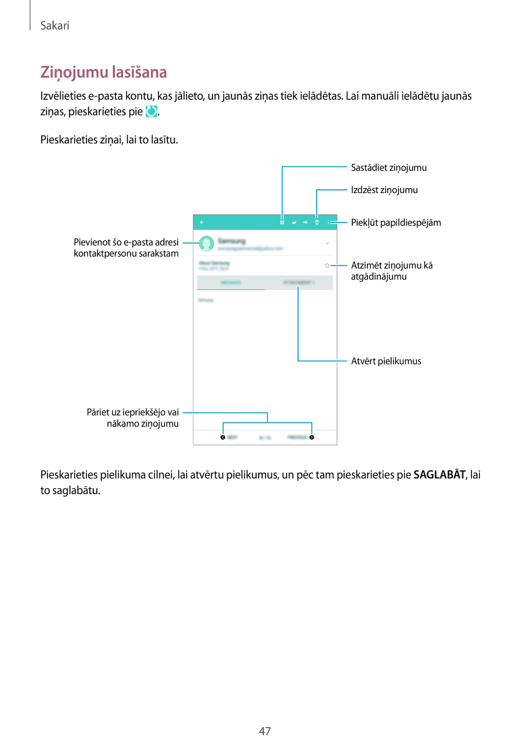 Samsung SM-T360NNGASEB manual Ziņojumu lasīšana 