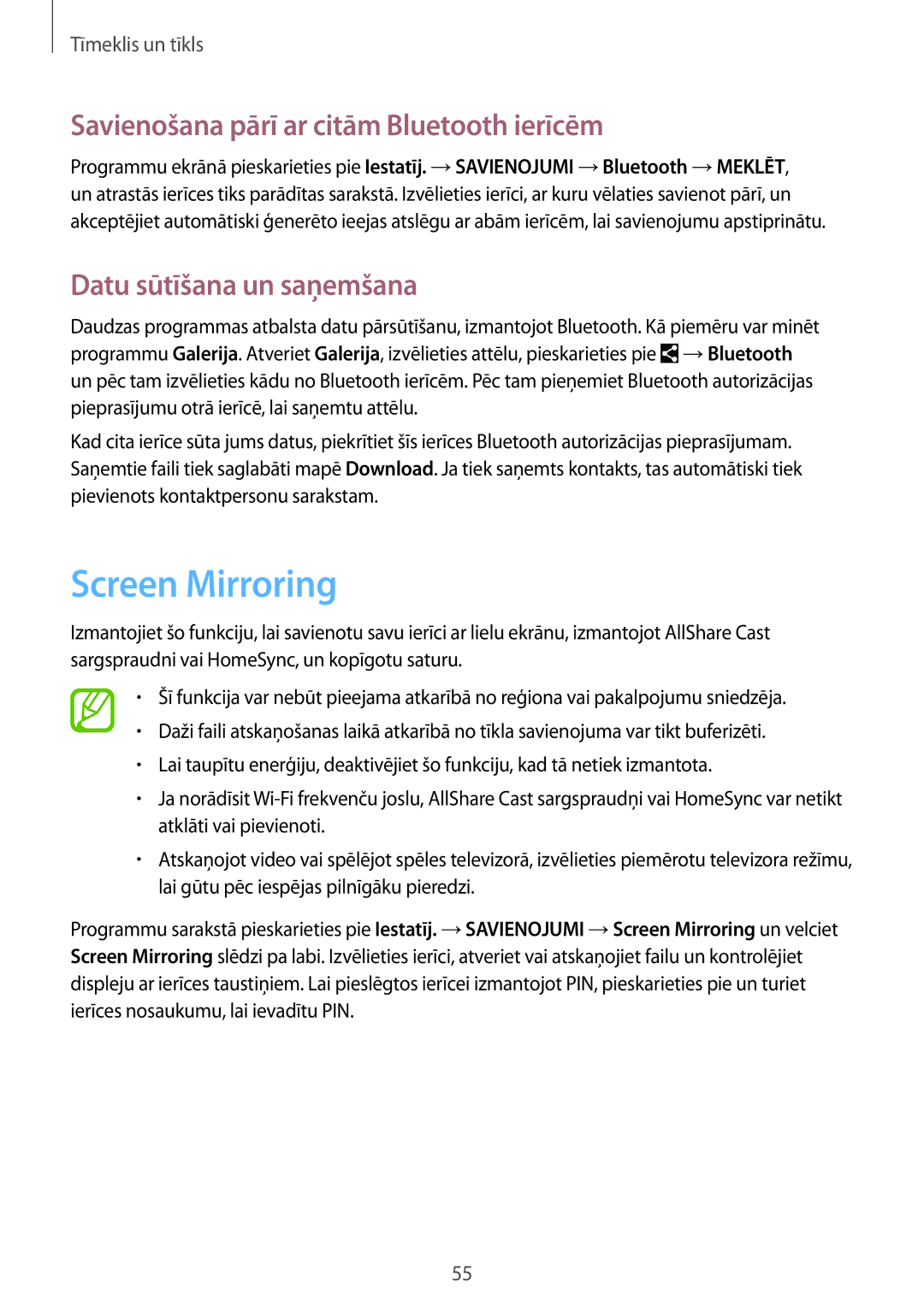 Samsung SM-T360NNGASEB manual Screen Mirroring, Savienošana pārī ar citām Bluetooth ierīcēm, Datu sūtīšana un saņemšana 