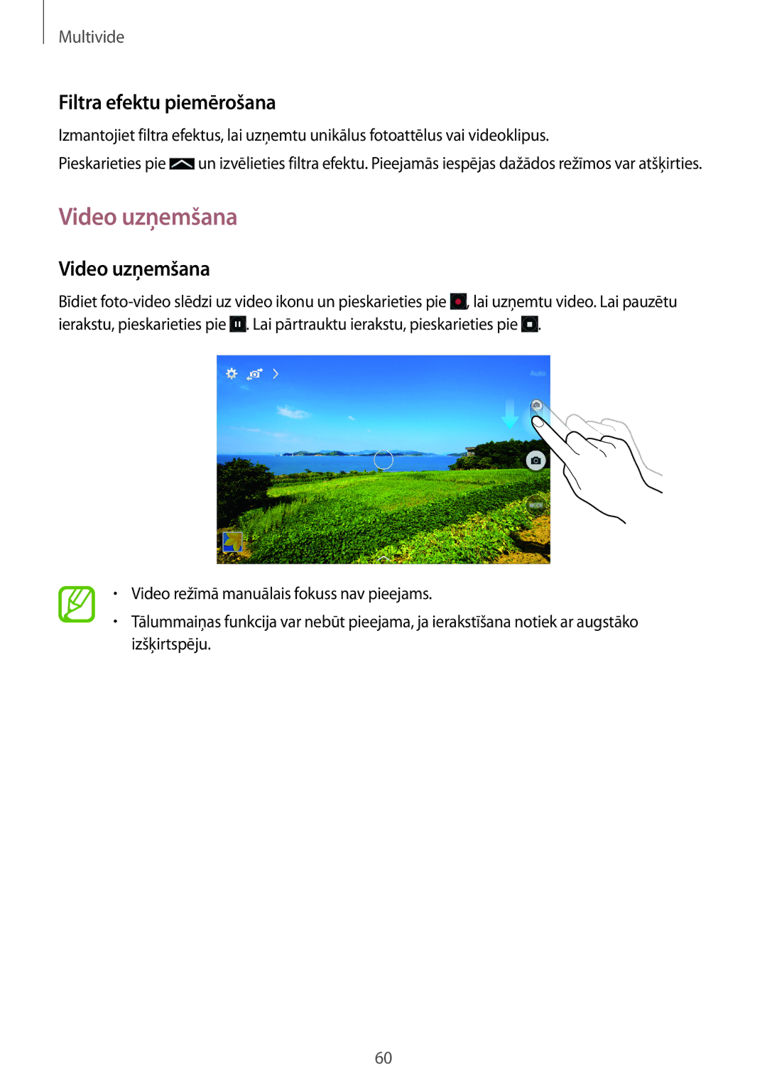 Samsung SM-T360NNGASEB manual Video uzņemšana, Filtra efektu piemērošana 