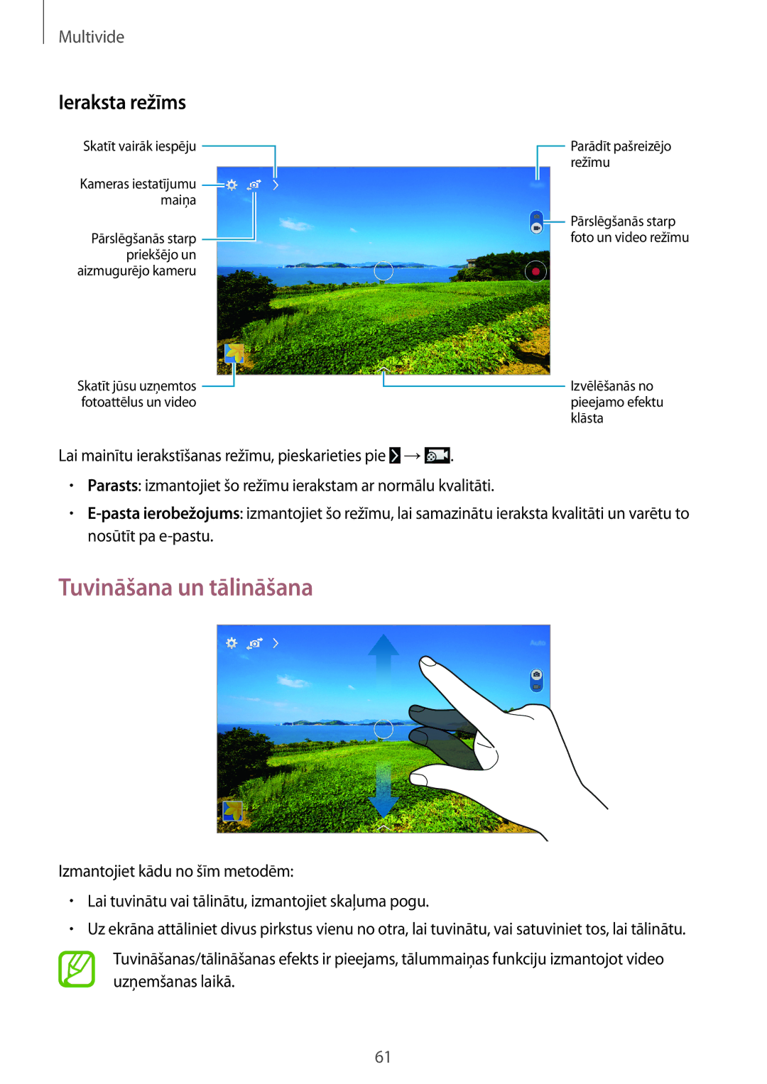 Samsung SM-T360NNGASEB manual Tuvināšana un tālināšana, Ieraksta režīms 