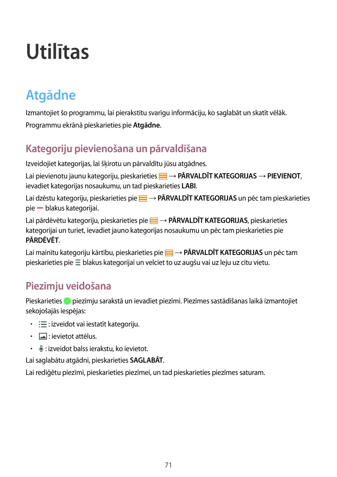 Samsung SM-T360NNGASEB manual Utilītas, Atgādne, Kategoriju pievienošana un pārvaldīšana, Piezīmju veidošana 