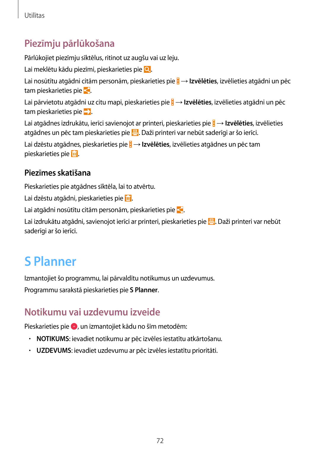 Samsung SM-T360NNGASEB manual Planner, Piezīmju pārlūkošana, Notikumu vai uzdevumu izveide, Piezīmes skatīšana 