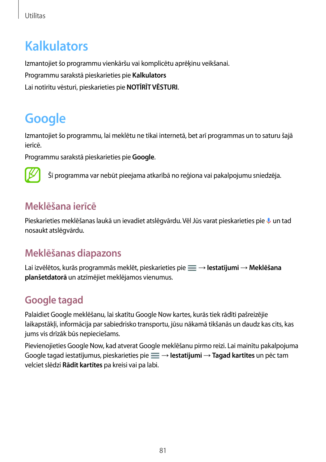 Samsung SM-T360NNGASEB manual Kalkulators, Meklēšana ierīcē, Meklēšanas diapazons, Google tagad 