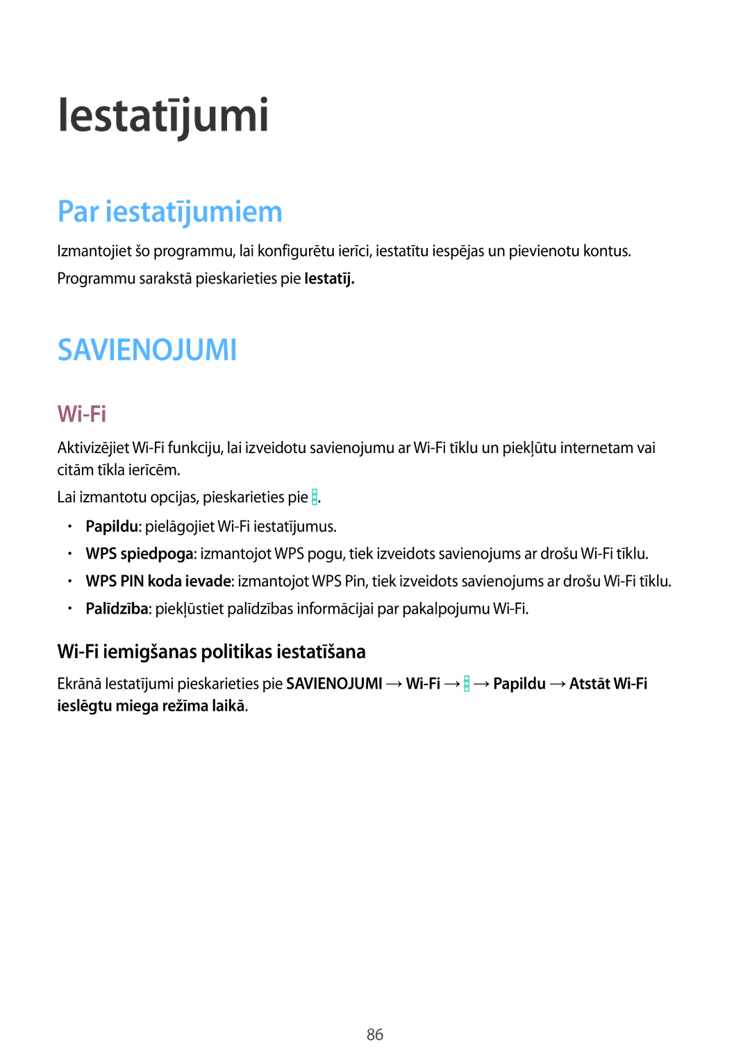 Samsung SM-T360NNGASEB manual Iestatījumi, Par iestatījumiem, Wi-Fi iemigšanas politikas iestatīšana 