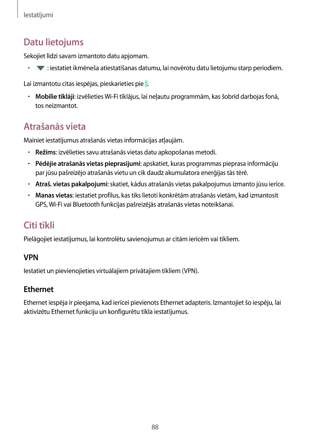 Samsung SM-T360NNGASEB manual Datu lietojums, Atrašanās vieta, Citi tīkli, Ethernet 